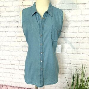 GUESS Sleeveless Slim Imogen Button-Up Denim Shirt--L